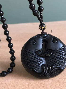 天然黑曜石鱼吊坠年年有余挂坠情投意合送福补水男女挂件玉佩证书