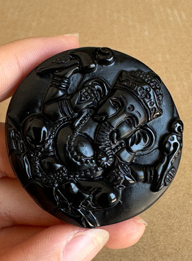 正宗黑曜石象神吊坠 男女生肖属相随身圆型万象更新气象非凡挂件