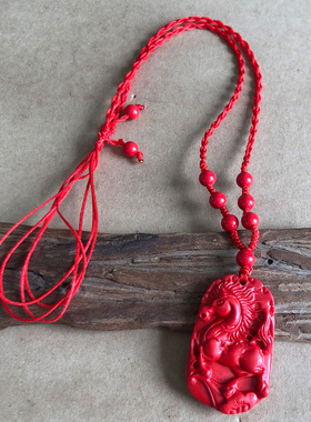 真朱砂12生肖马项链十二属相生肖马男女挂件绿黄红绳马型吊坠男女