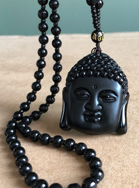 黑曜石释迦摩尼佛像挂件男女随身本命年平安护身如来佛玉项链证书