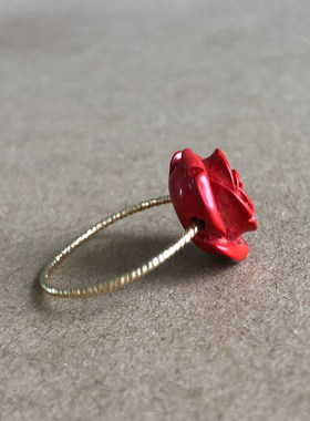 14K镀金包金玫瑰花戒指 高含量朱砂女士食指指环旺桃花开运送礼物