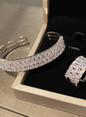 白金色满钻宽版排钻手镯戒指窄版简约时尚百搭晚宴聚会party手环