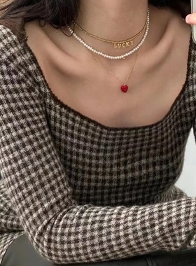 韩珐琅系小红爱心吊坠项链小众设计感安可拉红纹理桃心锁骨链