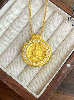 金店同款古法越南沙金镶钻花开见佛吊坠六字箴言大日如来佛吊坠