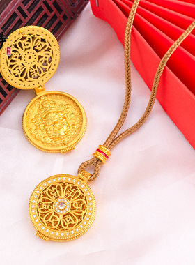 越南沙金镶钻镂空六字箴言黄财神吊坠招财可打开沙金项链吊坠招财