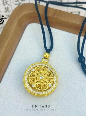 金店同款古法越南沙金镶钻聚福四方金刚杵转动八宝吊坠项链毛衣链