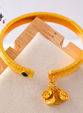 新款越南沙金绿松石锤纹平安喜乐开口镯新中式复古不掉色开口手镯