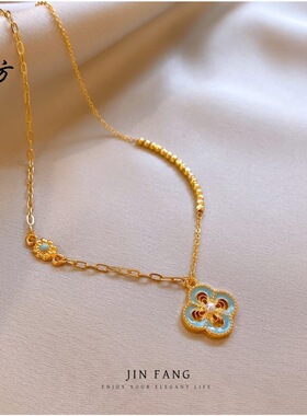 越南沙金新中式珐琅四叶草吊坠四花项链女款轻奢小众颈链毛衣链