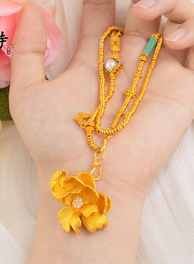 不掉色越南沙金牡丹花双钩项链中古风文艺复古时尚感礼物女百搭