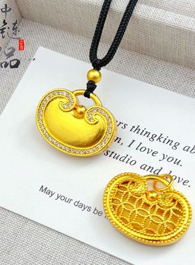 金店同款古法越南沙金镶钻元宝锁包项链 新中式点钻祥云锁包吊坠