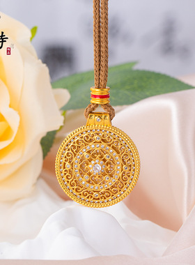 越南古法沙金镶钻如意圆满罗盘吊坠项链中式缕空八宝窗花颈饰小众