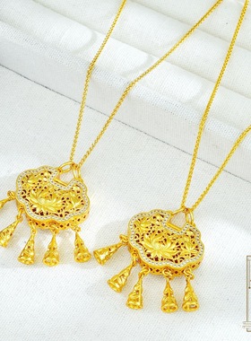 古法富贵吉祥流苏莲花点钻锁吊坠越南沙金长命锁气质复古项链百搭