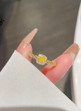 越南沙金超闪黄钻方糖戒指轻奢气质满钻指环开口可调节送女友百搭