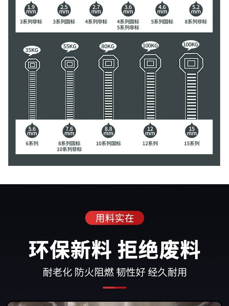 自锁式尼龙扎带10*250mm强力大号塑料卡扣7.6mm宽100条绑空调扎带 - 图3