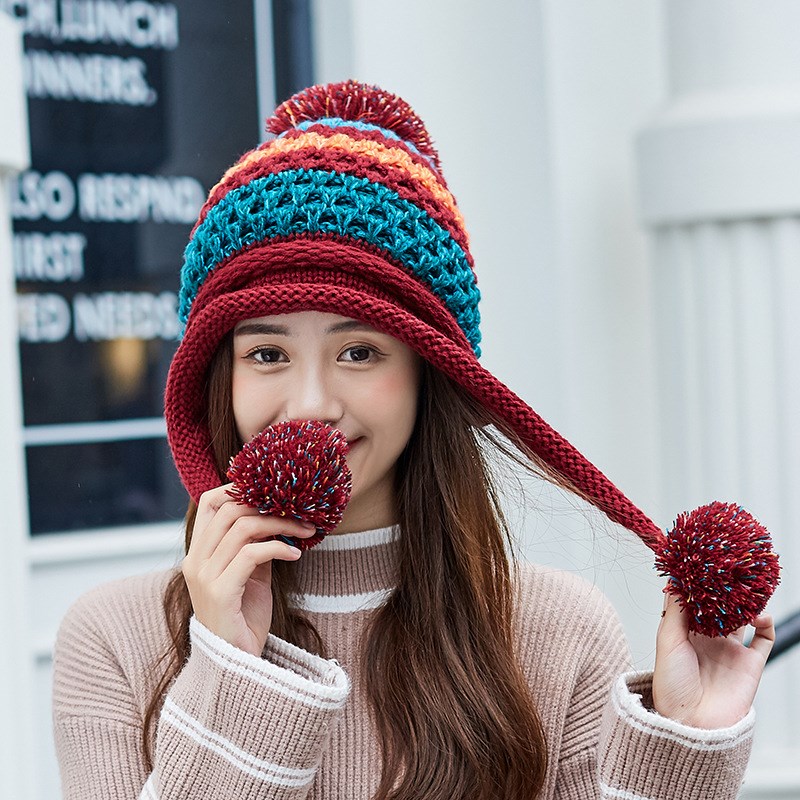 女式冬季帽子可爱毛球针织护耳帽子女秋冬学生百搭保暖防寒套头帽