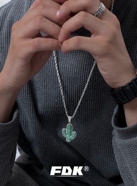 欧美实心仙人掌项链镶锆石吊坠