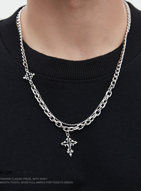 项链男款男士十字架吊坠拼接男生嘻哈潮流百搭小众毛衣链送男友