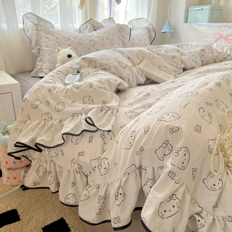 ins奶油风双层纱床上四件套纯棉全棉公主风床单被套罩床笠宿舍三4