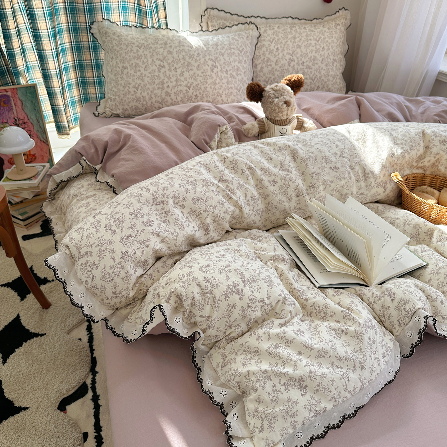 法式A类田园风花边床上四件套纯棉全棉床单人被套被罩宿舍三件套4