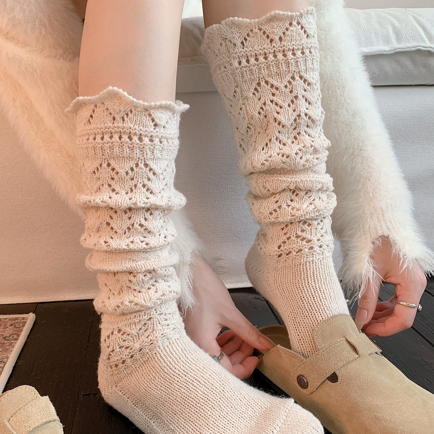 复古羊毛堆堆袜子女秋冬保暖针织镂空小腿袜韦雪同款毛线花边长袜,淘宝优惠券,粉丝福利购,淘宝优惠卷