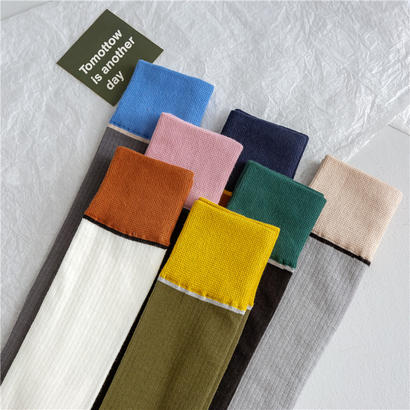 拼色袜子女ins潮高筒袜春秋薄款韩版及膝小腿袜复古港风街头长袜,淘宝优惠券,粉丝福利购,淘宝优惠卷