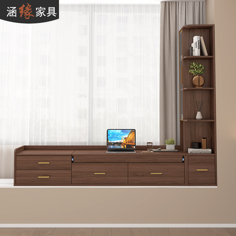 定制伸缩飘窗书桌书柜一体卧室飘窗梳妆台储物柜中古风化妆台7L59,淘宝优惠券,粉丝福利购,淘宝优惠卷