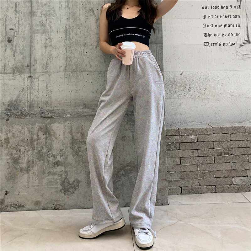 灰色宽松束脚秋冬季直筒高腰运动裤 夏瑀墨休闲裤