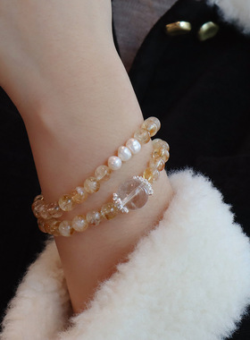 「暖珀映珠澜」天然黄水晶搭配珍珠手链女小众设计感手串闺蜜礼物