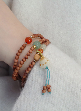 「南枝暖」老山檀木搭配菩提招财猫爪手链女文玩佛珠手串好运礼物