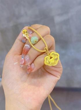 喜上眉梢吊坠编绳项链黄金色鎏金锁包竹报岁月平安长命锁宝宝挂绳