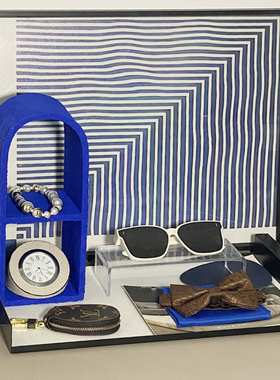 |玄关柜|样板房软装蓝色主题摆件皮革金属托盘车钥匙太阳镜道具