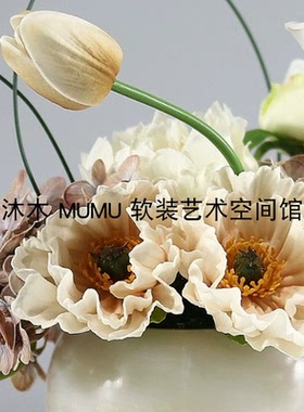 床头柜软装饰品摆件组合-新中式玉石花瓶会所茶几洽谈桌仿真花艺