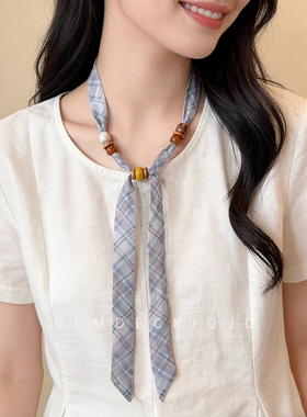 法式复古蓝色格纹串珠丝巾项链