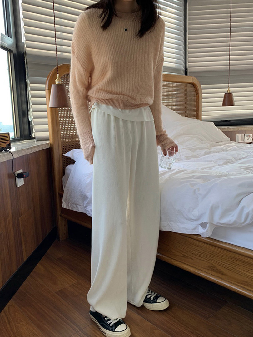 白色阔腿裤秋季高腰垂感针织长裤子 柚恬良品休闲裤