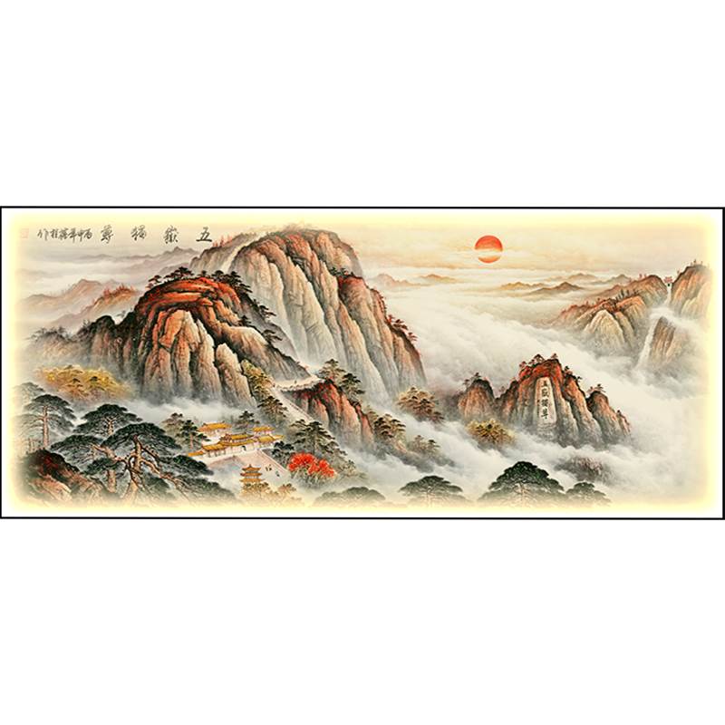 客厅背景墙装饰画带灯发光壁画中国风横版沙发山水挂画新中式灯画 - 图0