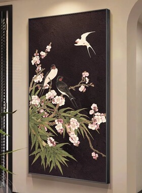 喜上眉梢入户玄关装饰画中古风走廊过道挂画新中式感茶室壁画