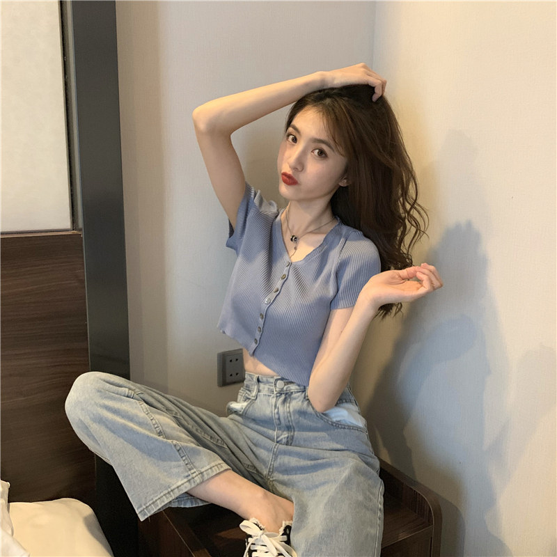 复古v领针织2020新款夏季短款开衫 赵小琳毛针织衫