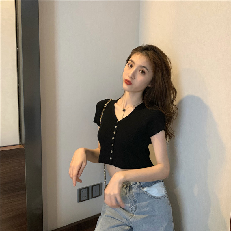 复古v领针织2020新款夏季短款开衫 赵小琳毛针织衫