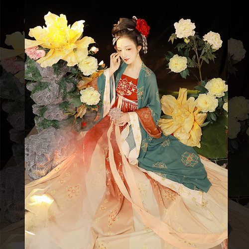 赠送发簪眉心贴远山娥黛原创汉服唐制复原图女夏季刺绣诃子裙套装 - 图0