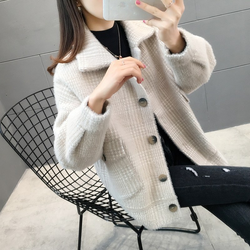 外套2020年新款仿水貂绒毛衣开衫 索思斐短外套