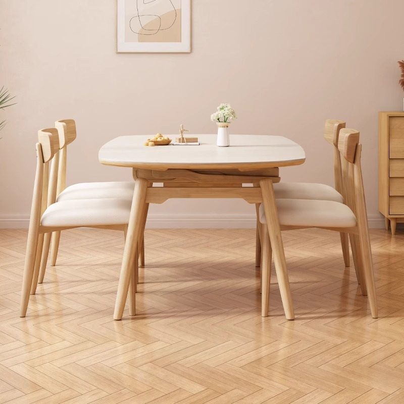 侘寂奶油风实木岩板可伸缩餐桌简约轻奢家用小户型方圆两用餐桌椅,淘宝优惠券,粉丝福利购,淘宝优惠卷