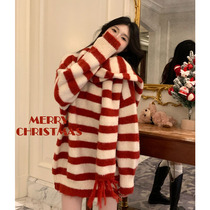 Lazy Wind Christmas Atmosphere Sensation Red Striped Sweater Winter New Loose V Collar Knit Soft Glutinous Scarf Suit