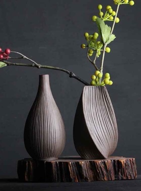 花瓶 现代中式哥窑花瓶复古花插干花艺术家居摆件饰品 汝窑瓷