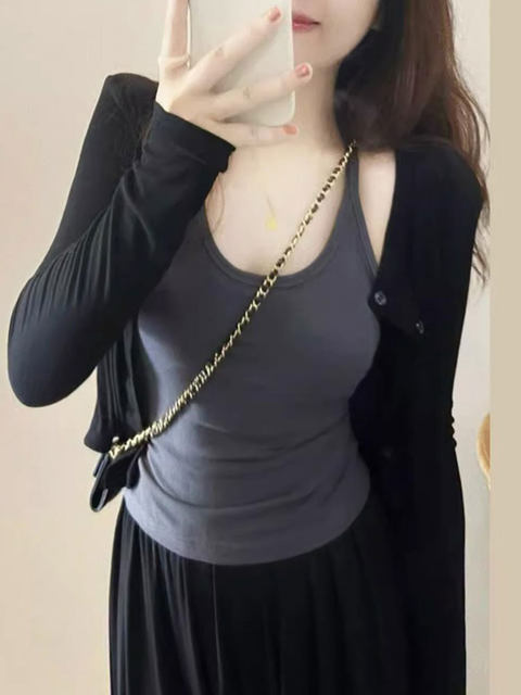 Sun protection knitted cardigan women's shawl early spring korean style wear with suspenders two-piece set outer blouse small jacket top