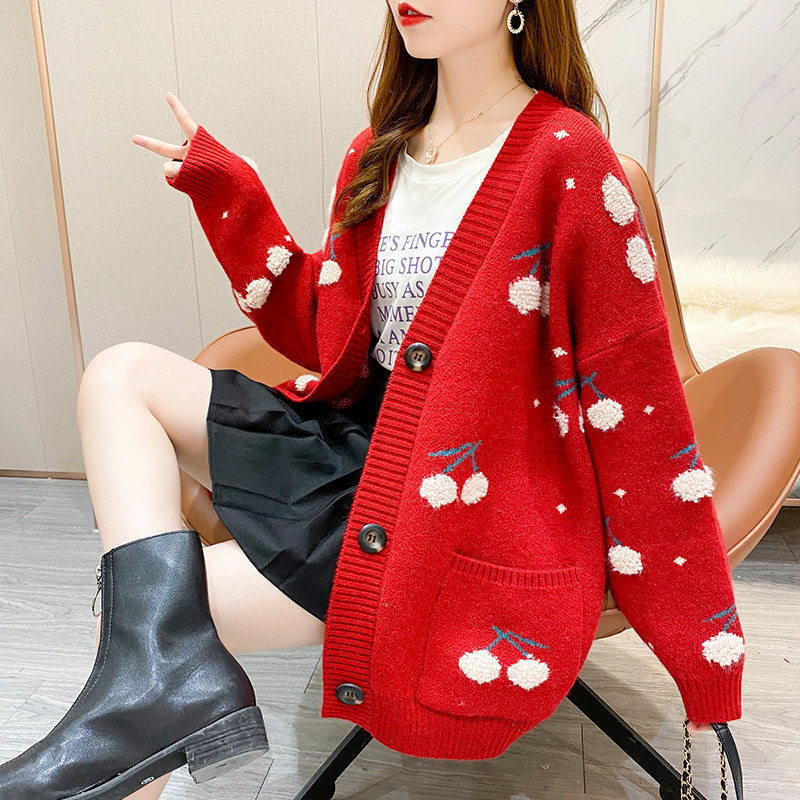 网红韩版小清新樱桃提花开衫风毛衣 欧姿色毛针织衫