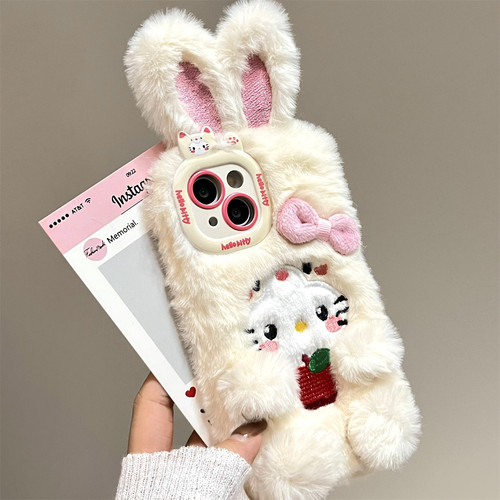 宏界 可爱立体蝴蝶结长耳KT猫适用苹果16promax手机壳iphone15新款13pro毛绒15pro硅胶12女款14pro防摔保护套 - 图1