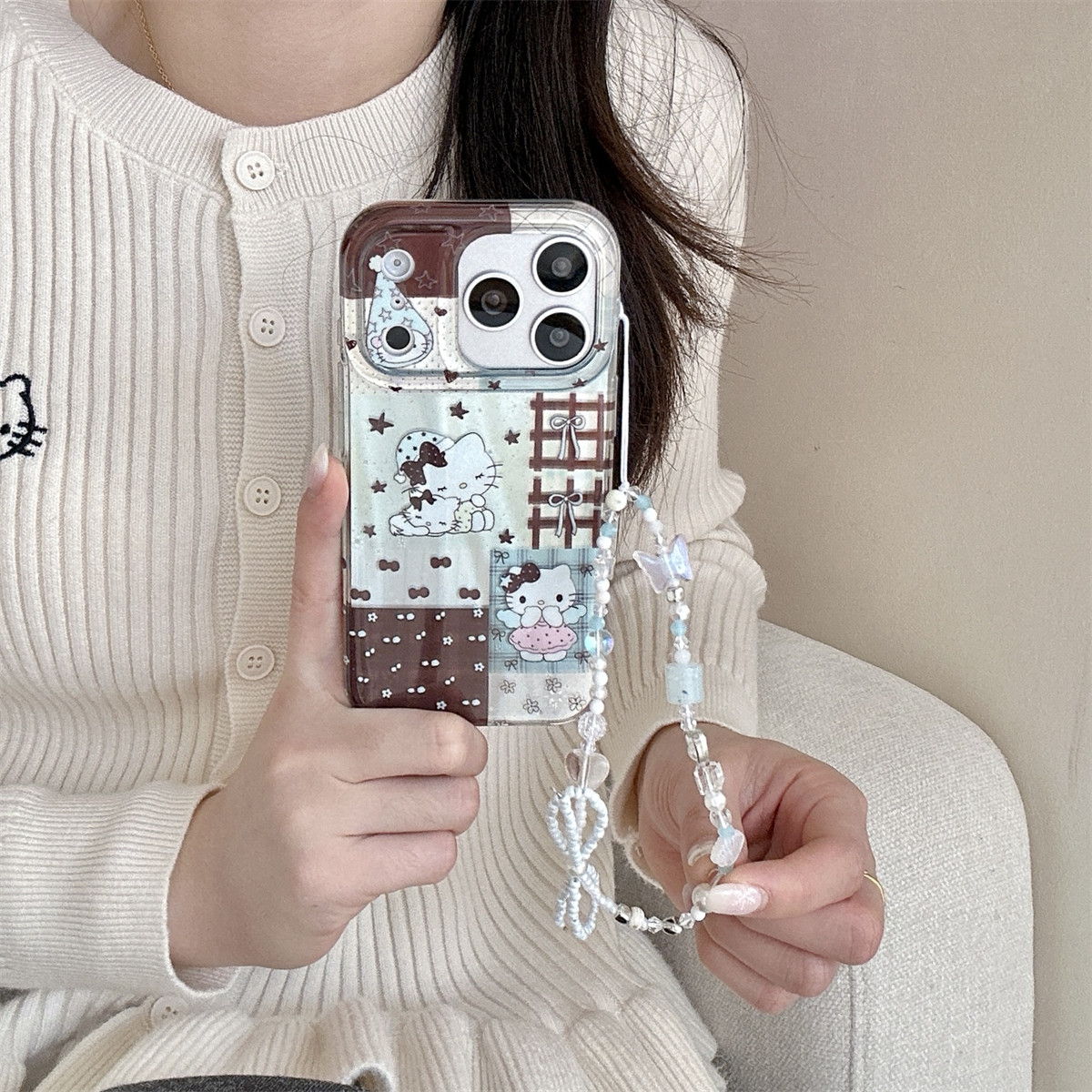 宏界 日韩小清新撞色拼接格纹睡帽Kitty猫适用苹果17ProMax手机壳iphone15新款16pro可爱款14pro防摔17保护套,淘宝优惠券,粉丝福利购,淘宝优惠卷