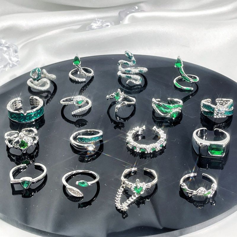 Ins niche design sense ring for women retro green zircon drop glaze temperament cold style fashionable trendy finger ring