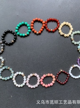 4mm水晶珠子戒指天然石榴石弹力绳14k金小圆珠戒指跨境热销批发