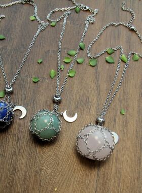 欧美外贸天然水晶原石网兜金属项链编织吊坠 调节链子项链带水晶